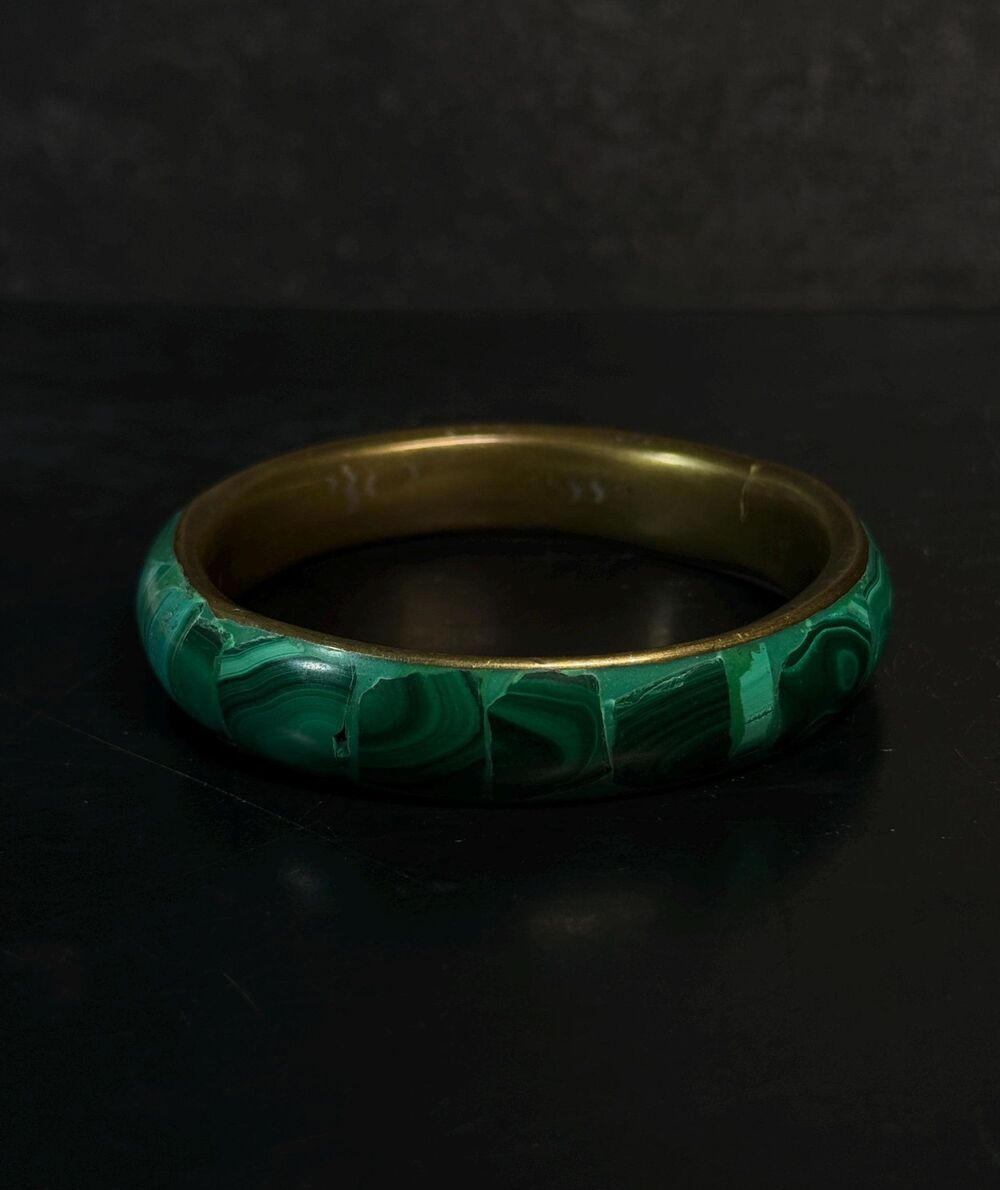 Malachite & Brass Chunky Bangle Bracelet Green Stone Inlay Size 7